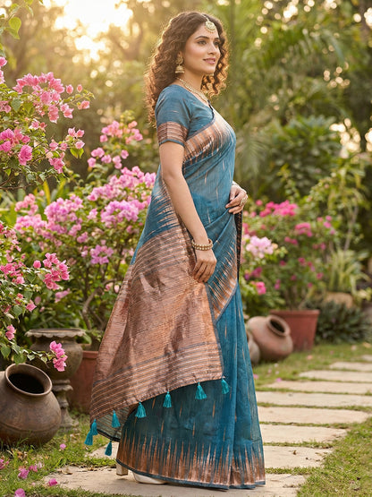 Sutriti teal blue tissue silk rose gold zari striped pallu wedding saree rose gold collection