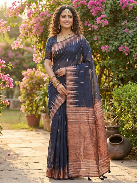 Sutriti navy blue tissue silk rose gold zari striped pallu wedding saree rose gold collection
