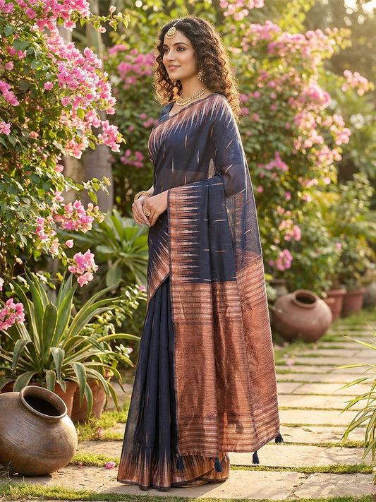 Sutriti navy blue tissue silk rose gold zari striped pallu wedding saree rose gold collection