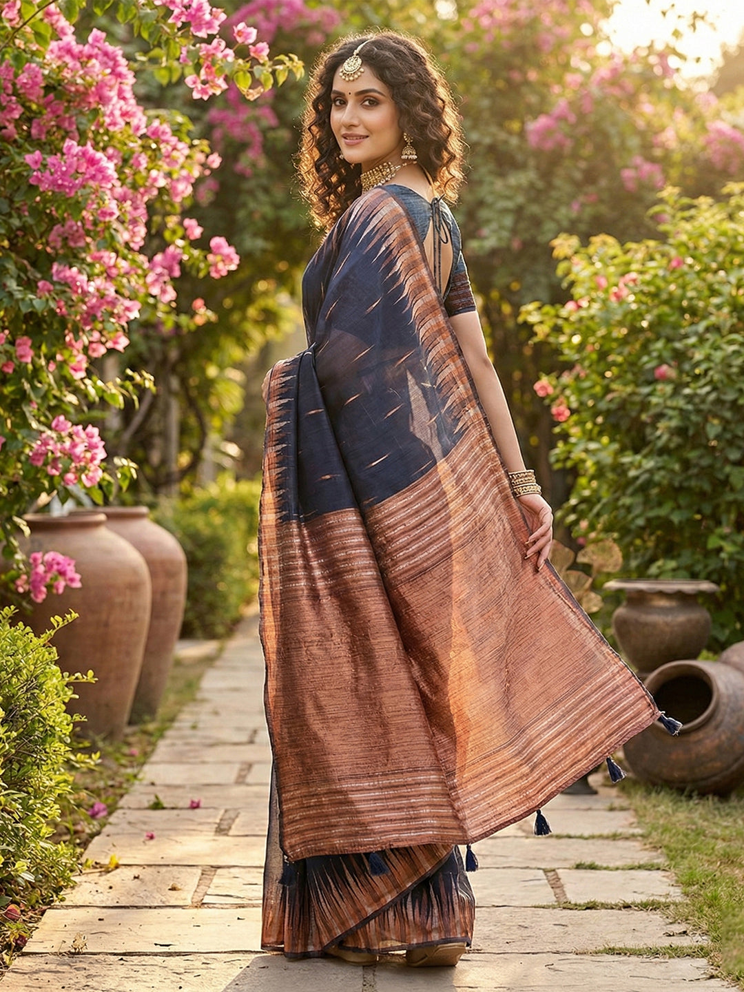 Sutriti navy blue tissue silk rose gold zari striped pallu wedding saree rose gold collection