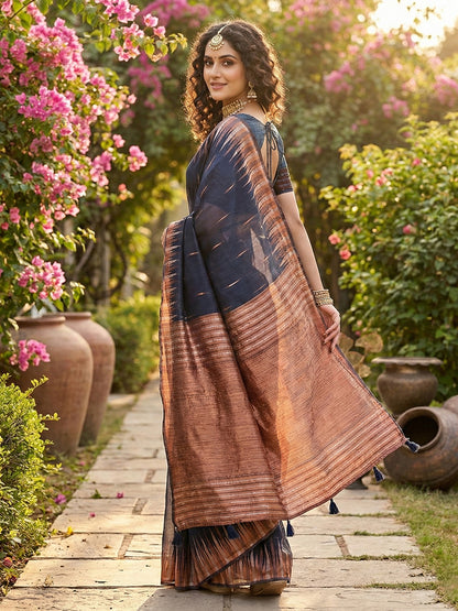 Sutriti navy blue tissue silk rose gold zari striped pallu wedding saree rose gold collection