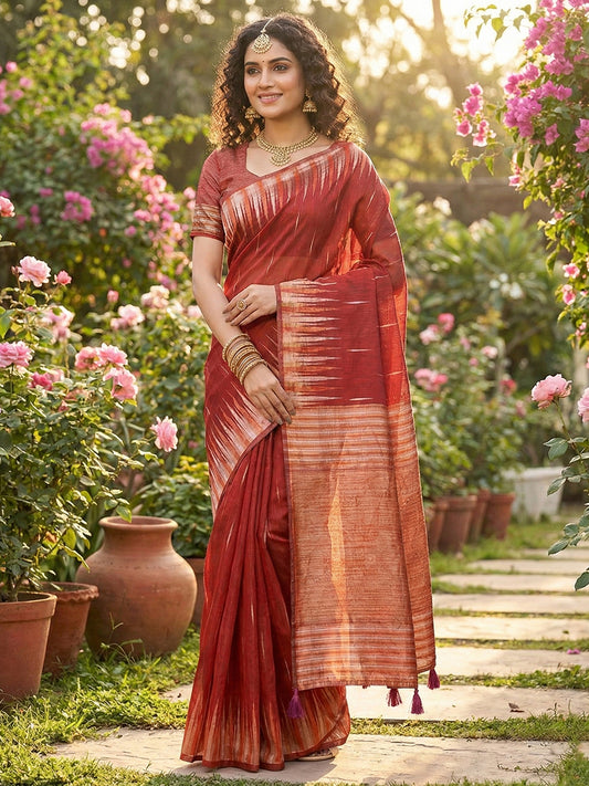 Sutriti crimson red tissue silk rose gold zari striped pallu wedding saree rose gold collection