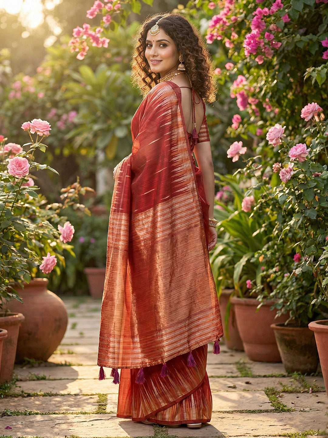 Sutriti crimson red tissue silk rose gold zari striped pallu wedding saree rose gold collection