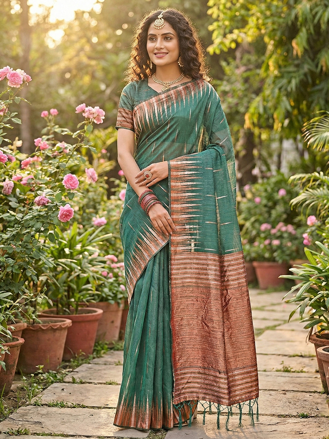 Sutriti emerald green tissue silk rose gold zari striped pallu wedding saree rose gold collection