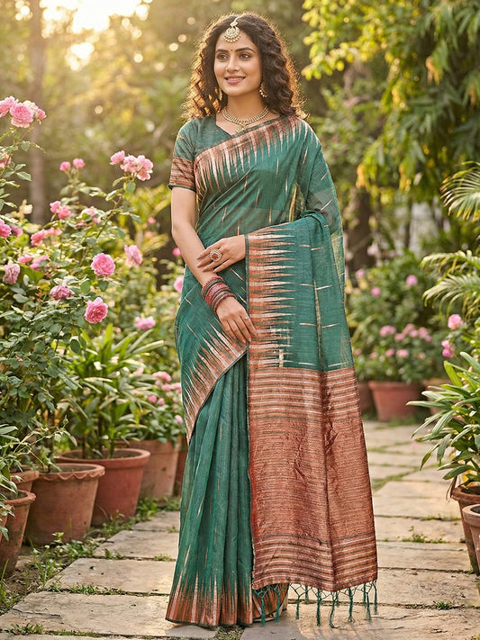 Sutriti emerald green tissue silk rose gold zari striped pallu wedding saree rose gold collection
