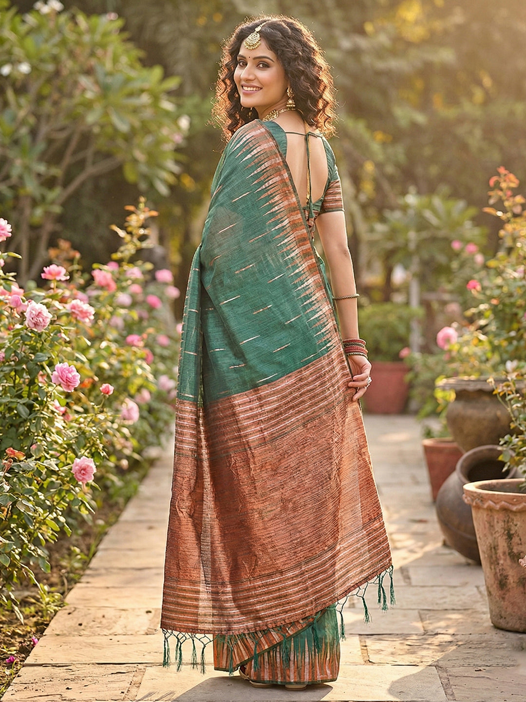 Sutriti emerald green tissue silk rose gold zari striped pallu wedding saree rose gold collection