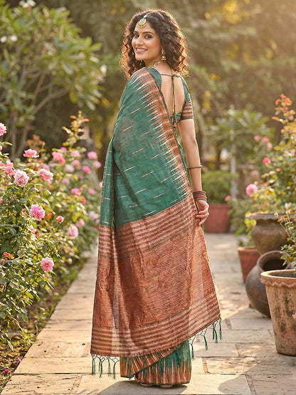 Sutriti emerald green tissue silk rose gold zari striped pallu wedding saree rose gold collection
