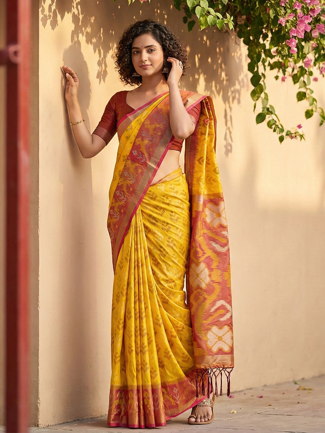 Mustard yellow Patola inspired woven saree with maroon contrast border and tassel pallu for women