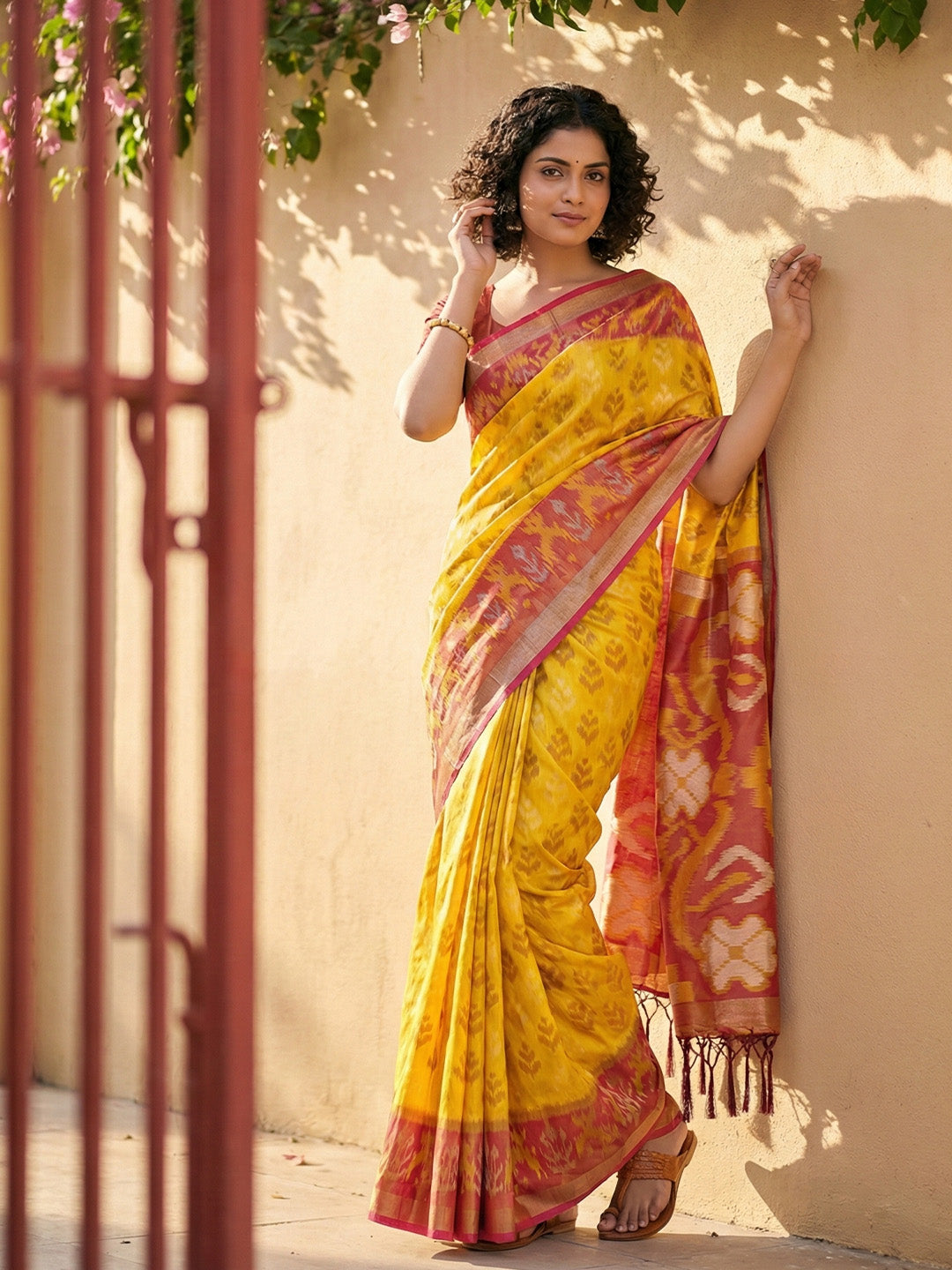 Mustard yellow Patola inspired woven saree with maroon contrast border and tassel pallu for women