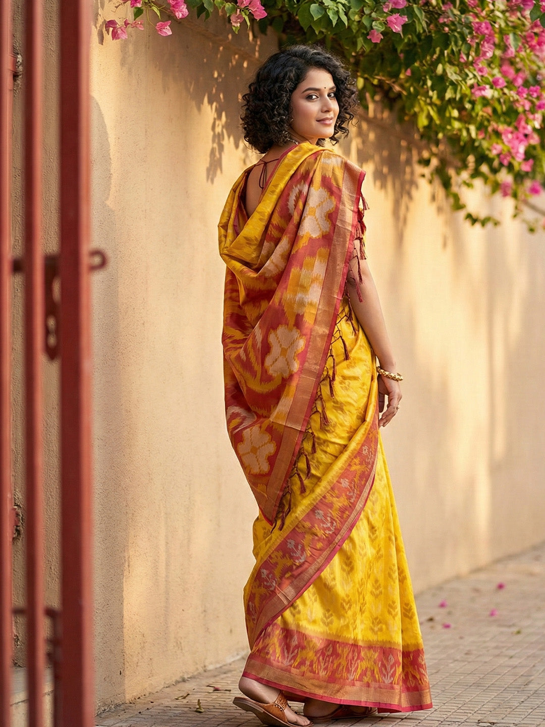 Mustard yellow Patola inspired woven saree with maroon contrast border and tassel pallu for women