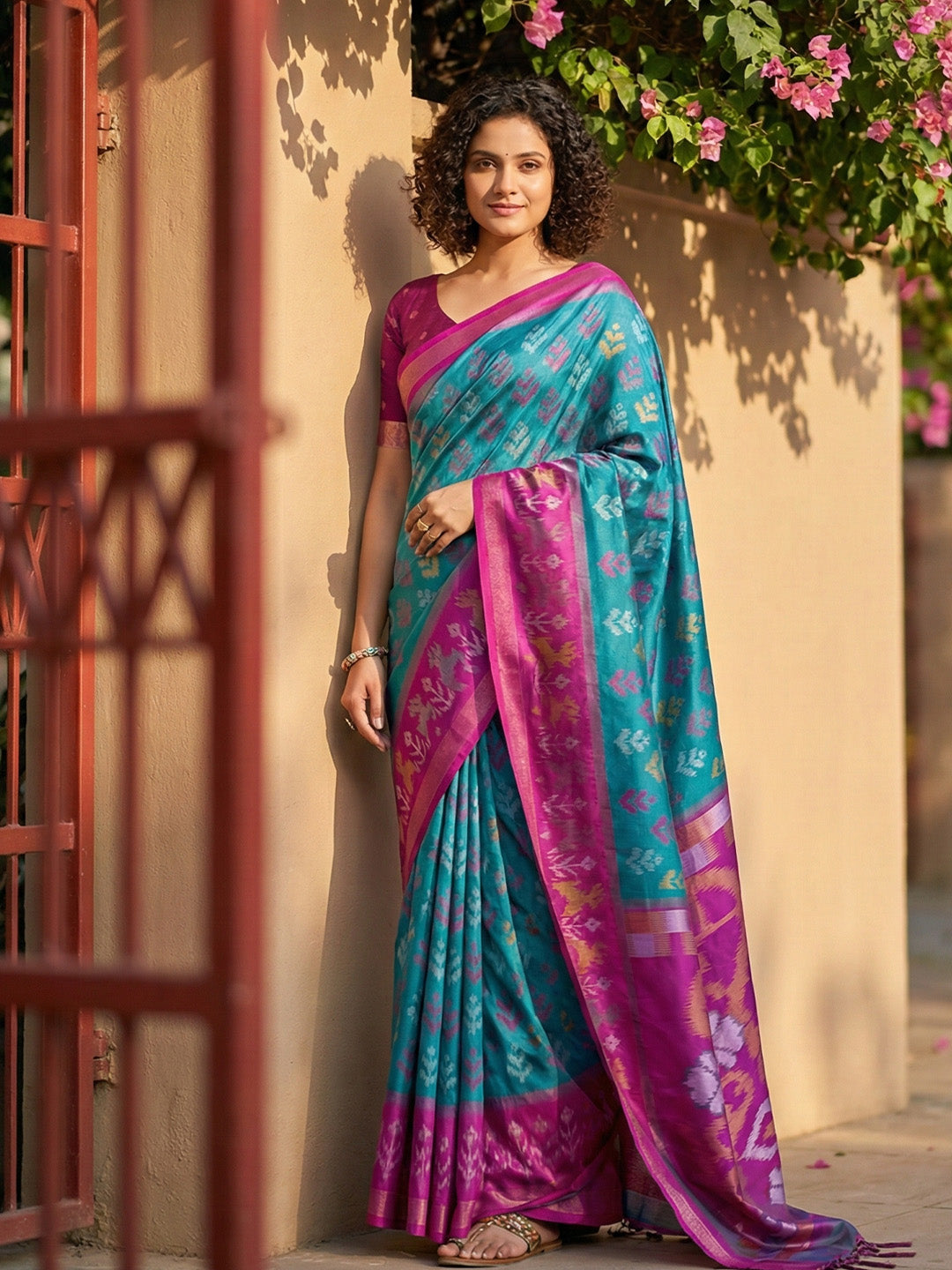 Teal blue Patola inspired woven saree with magenta contrast border and tassel pallu for festive wear
