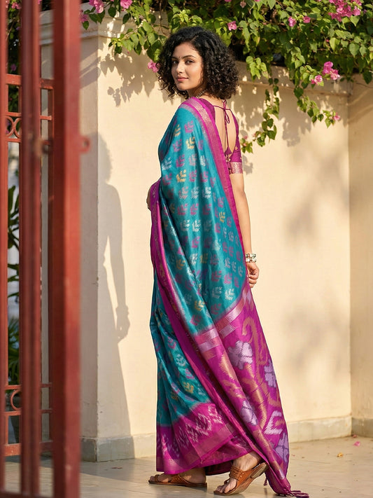 Teal blue Patola inspired woven saree with magenta contrast border and tassel pallu for festive wear