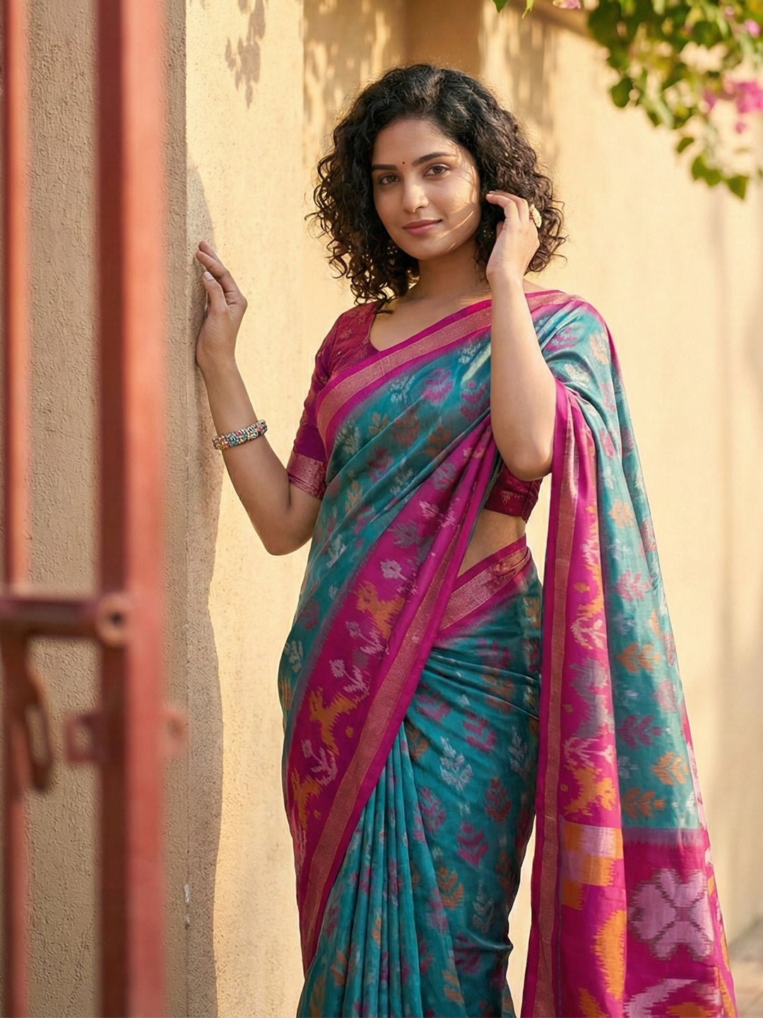Teal blue Patola inspired woven saree with magenta contrast border and tassel pallu for festive wear