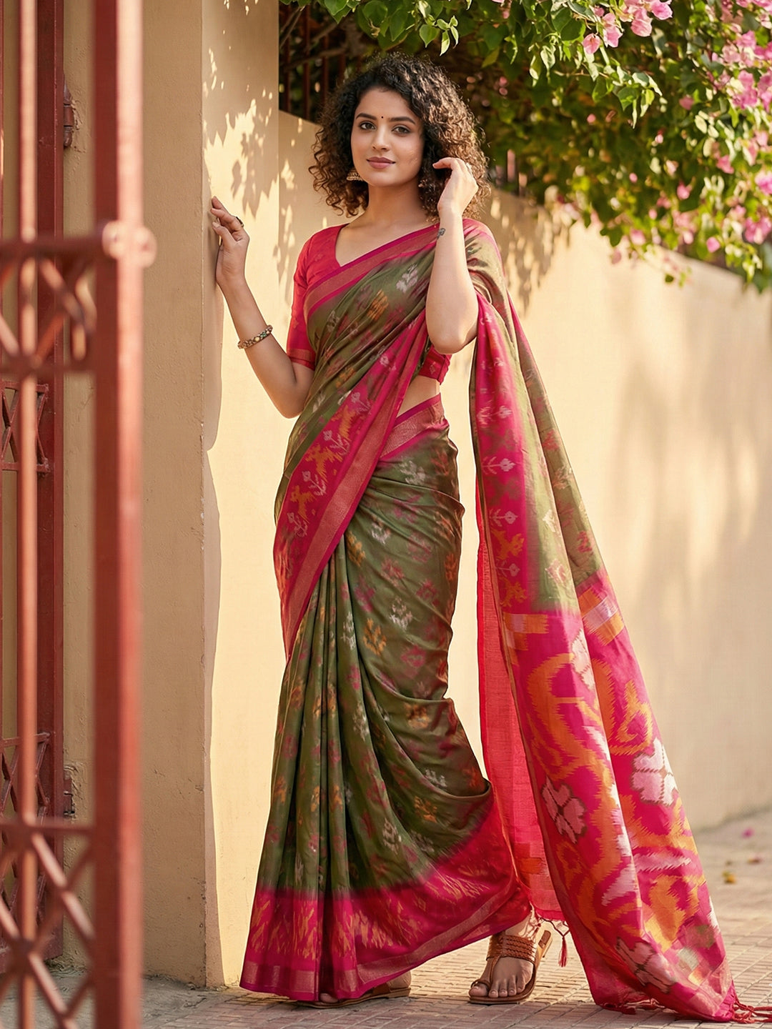 Olive green Patola inspired woven saree with rani pink contrast border and tassel pallu for women