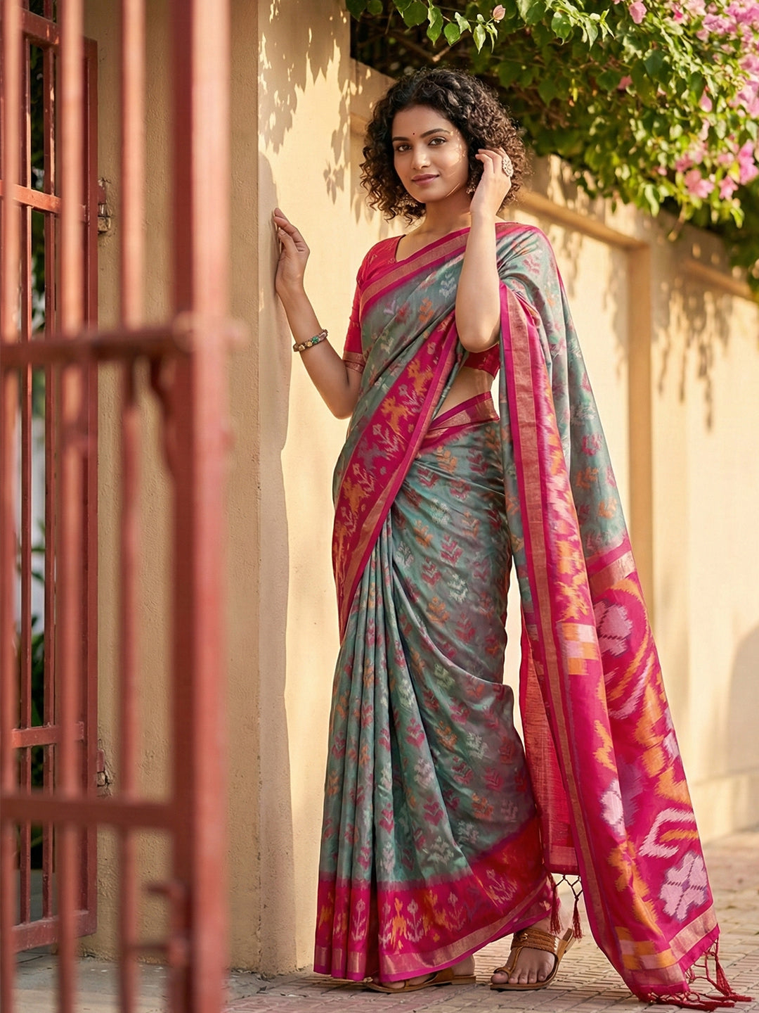 Steel grey Patola inspired woven saree with pink contrast border and tassel pallu for women party wear