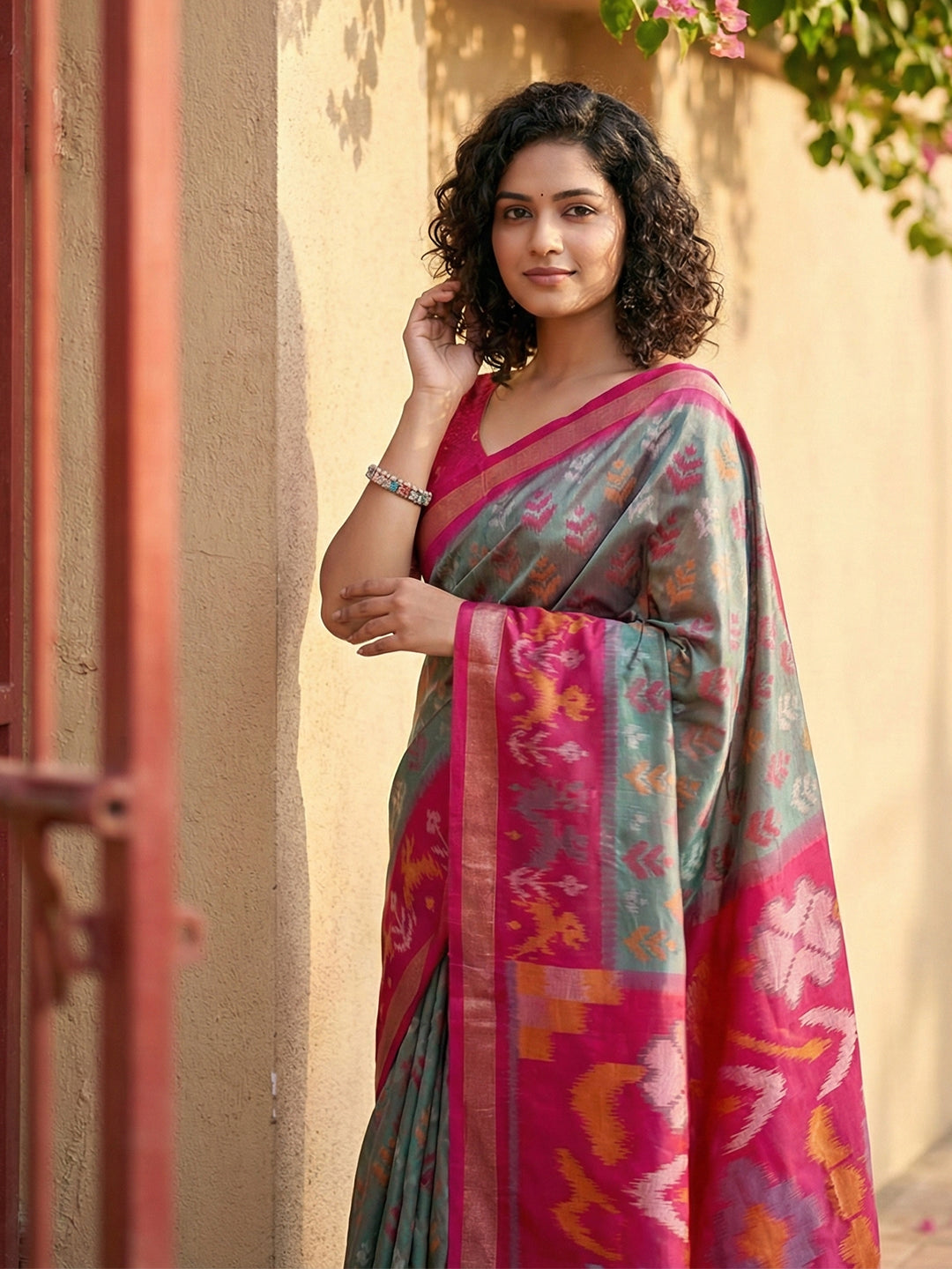 Steel grey Patola inspired woven saree with pink contrast border and tassel pallu for women party wear