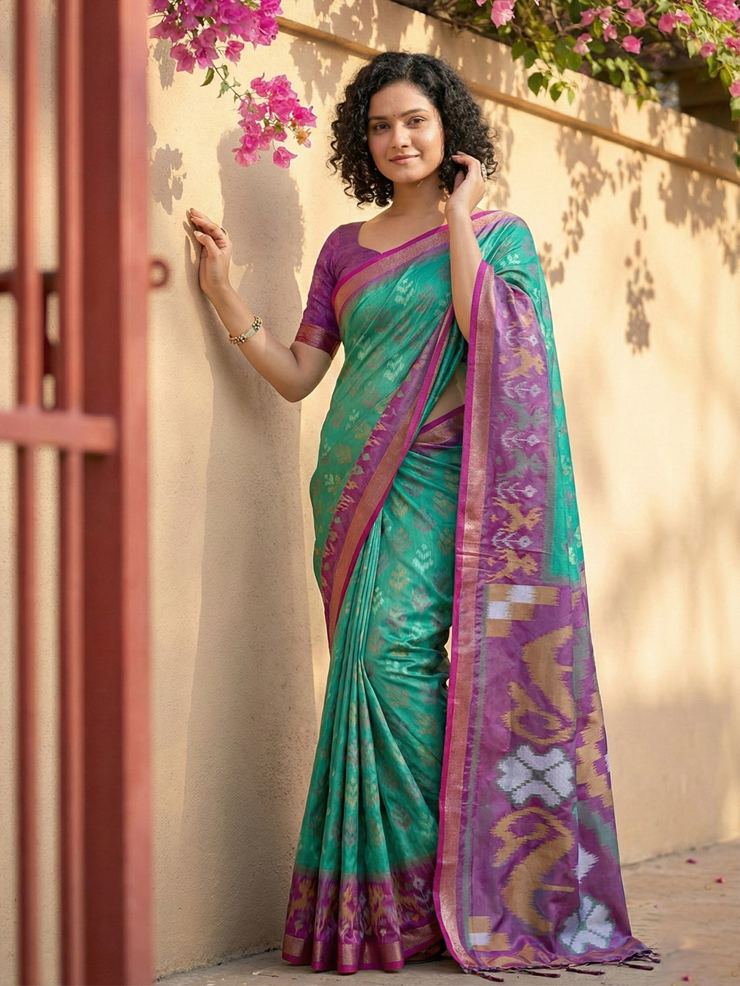Sea green Patola inspired woven saree with purple contrast border and tassel pallu for festive wear