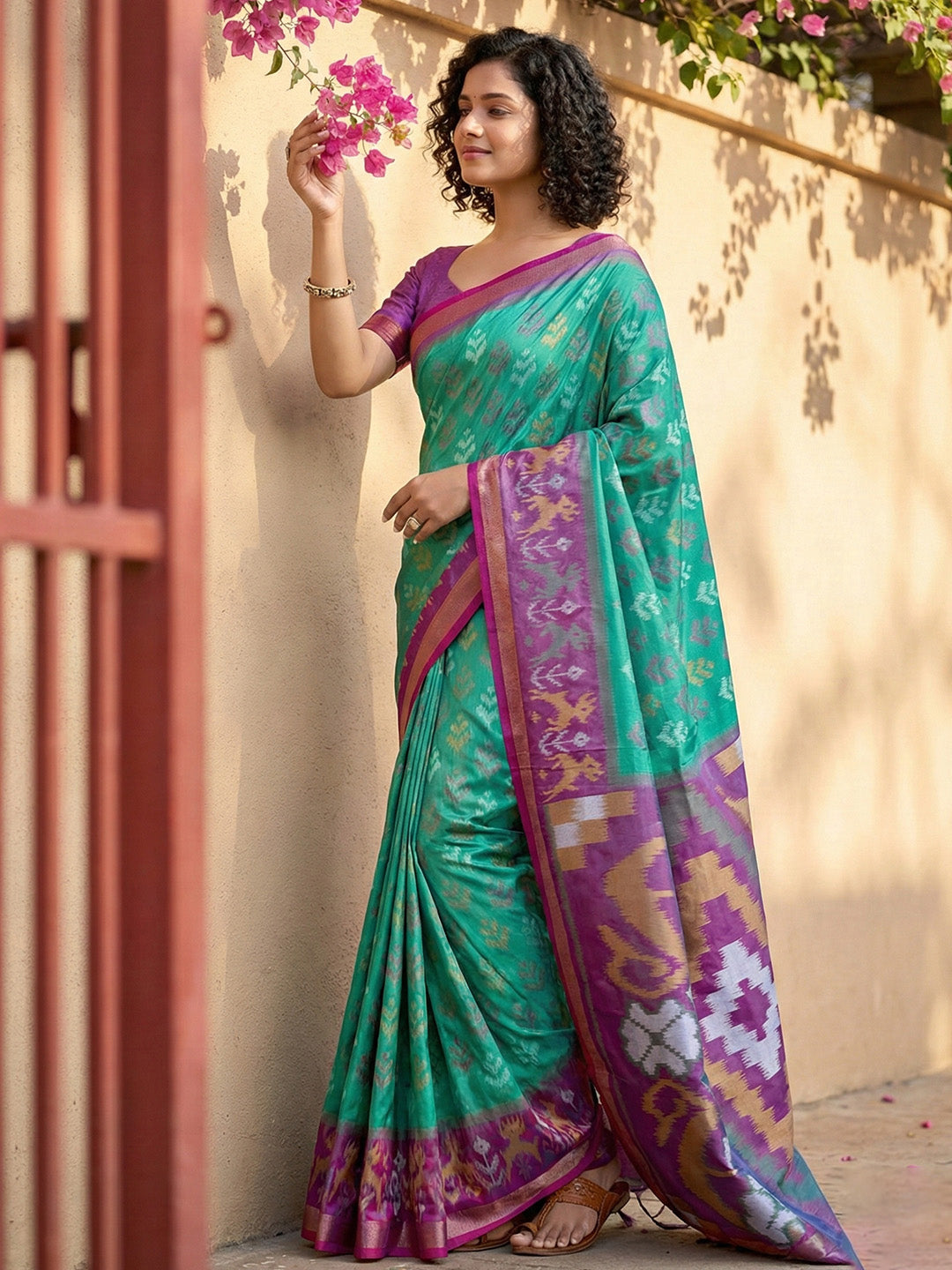 Sea green Patola inspired woven saree with purple contrast border and tassel pallu for festive wear
