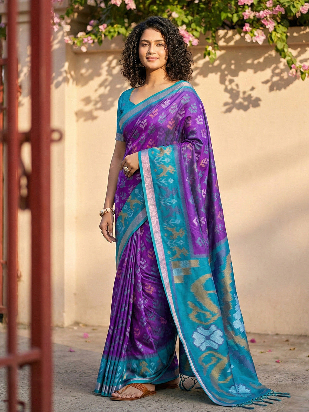Purple Patola inspired woven saree with pink contrast border and tassel pallu for women party wear