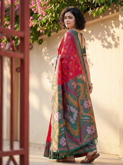 Cherry red Patola inspired woven saree with contrast border and tassel pallu for wedding festive wear