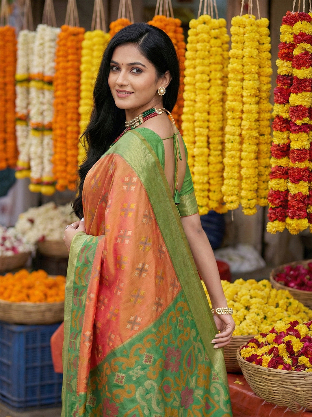 Sutriti Exquisite Orange & Green Pochampalli Soft Silk Saree with Grand Ikat Woven Pallu – Perfect for Weddings, Festivals & Traditional Celebrations