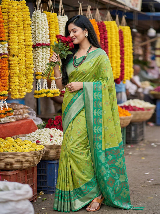Sutriti Exquisite Light Green & Green Pochampalli Soft Silk Saree with Grand Ikat Woven Pallu – Perfect for Weddings, Festivals & Traditional Celebrations
