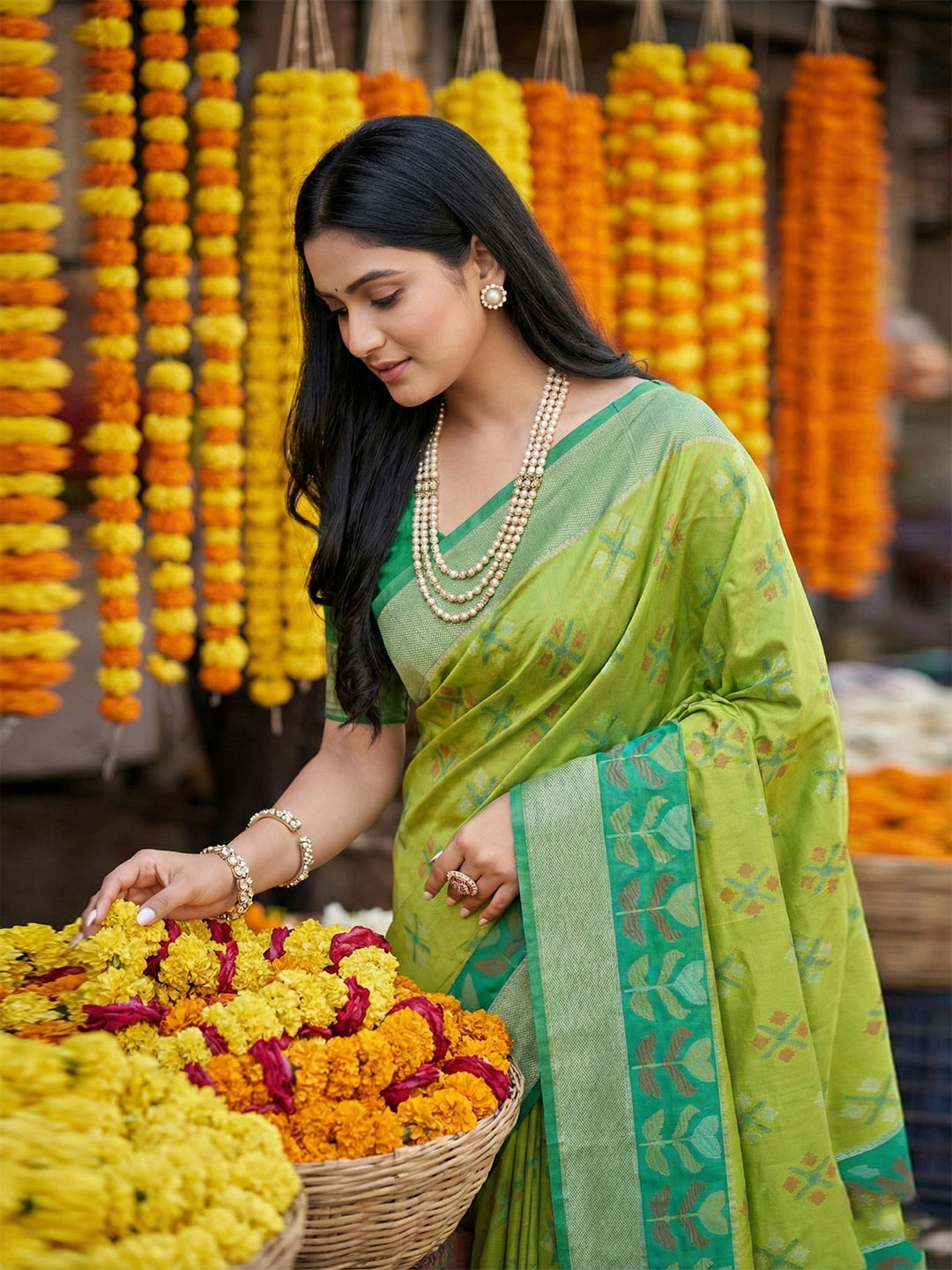 Sutriti Exquisite Light Green & Green Pochampalli Soft Silk Saree with Grand Ikat Woven Pallu – Perfect for Weddings, Festivals & Traditional Celebrations