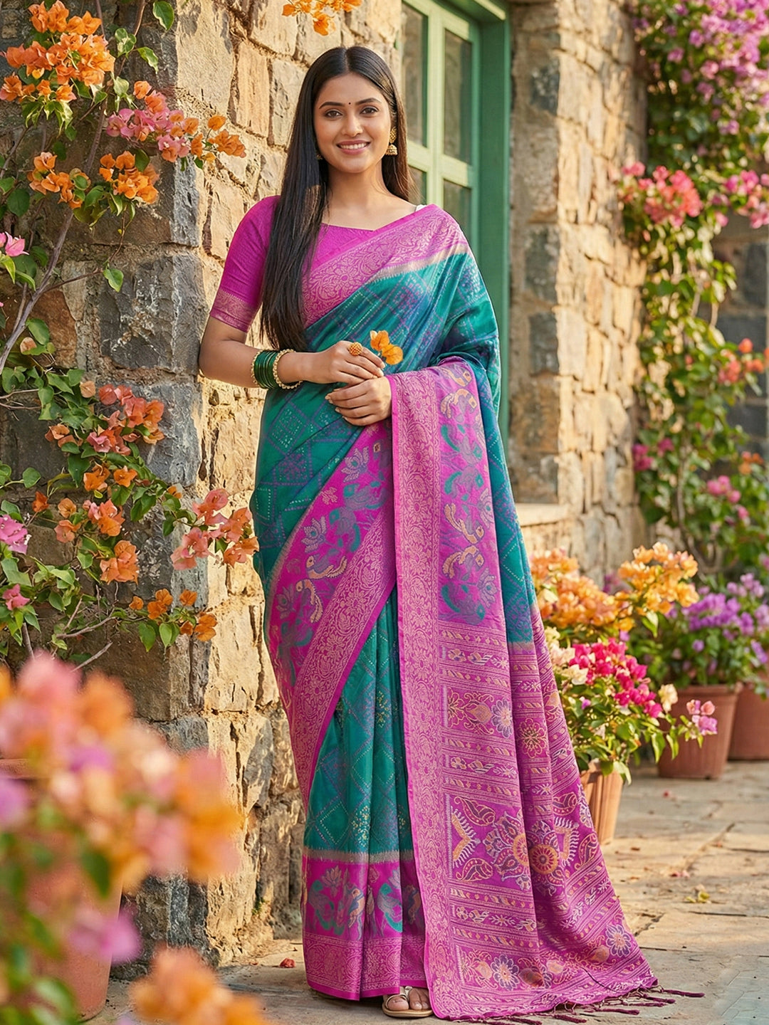 Teal green woven saree for women with magenta contrast border and rich pallu