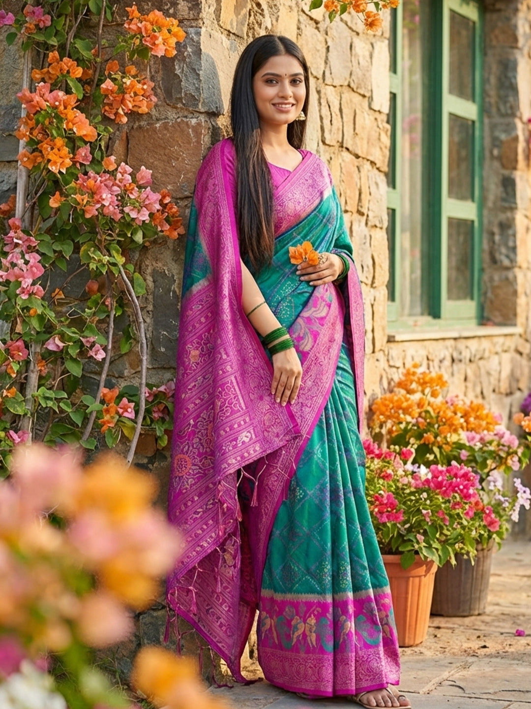 Teal green woven saree for women with magenta contrast border and rich pallu
