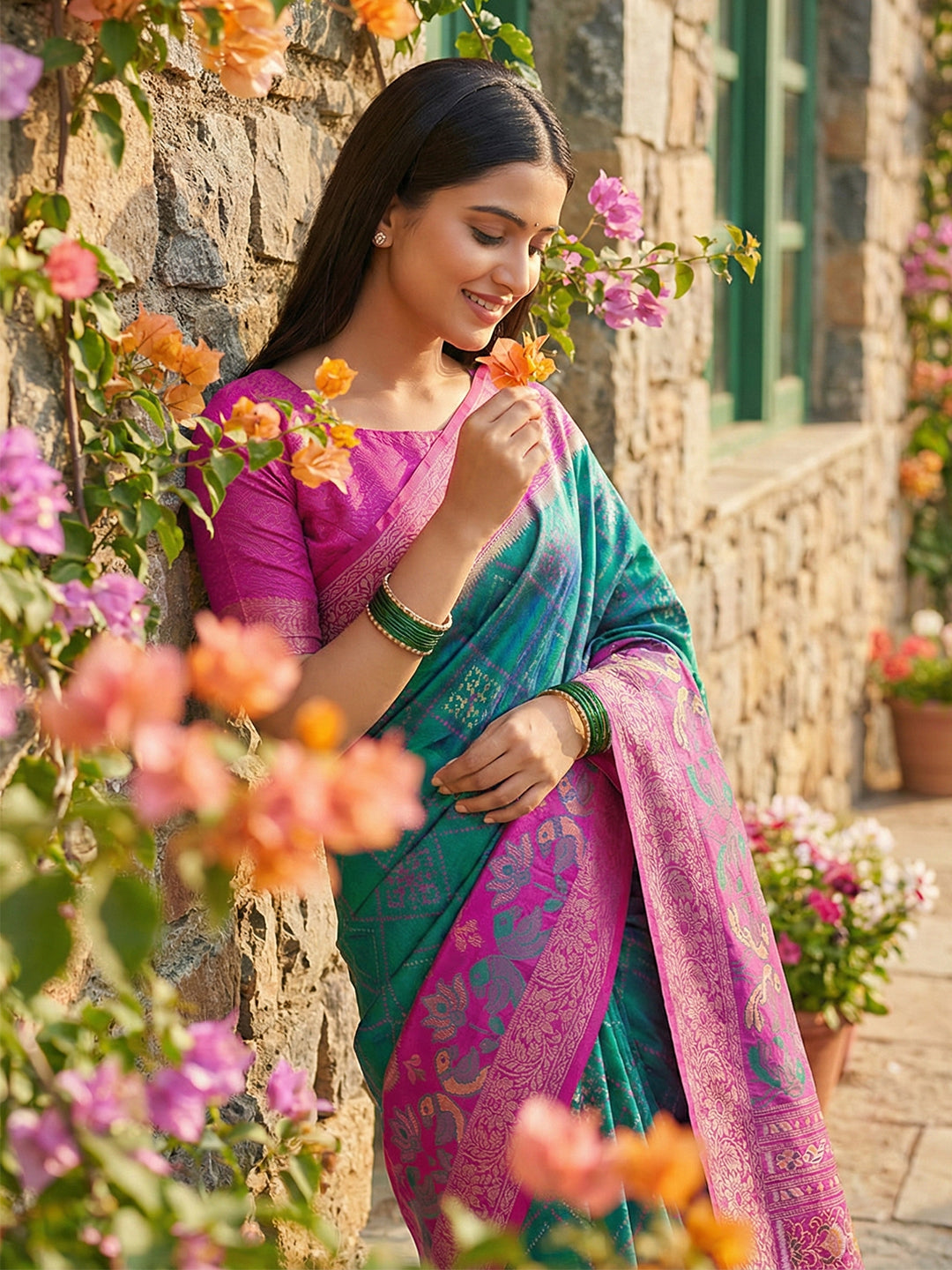 Teal green woven saree for women with magenta contrast border and rich pallu