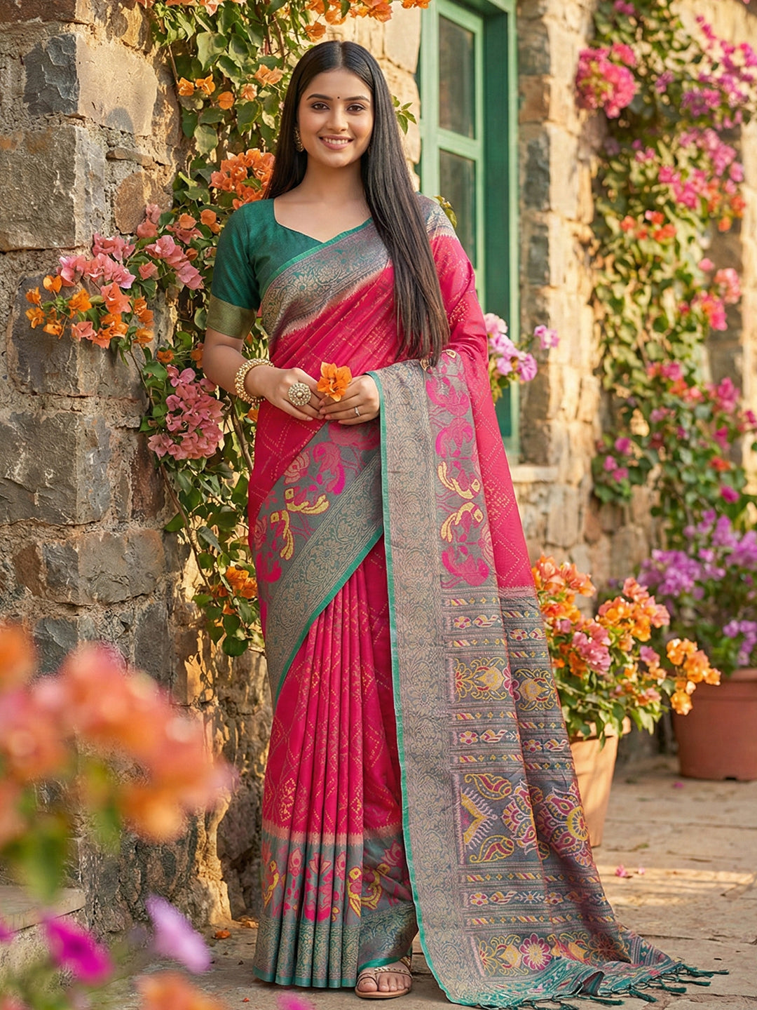 Rani pink woven saree with grey teal contrast border and rich pallu for women
