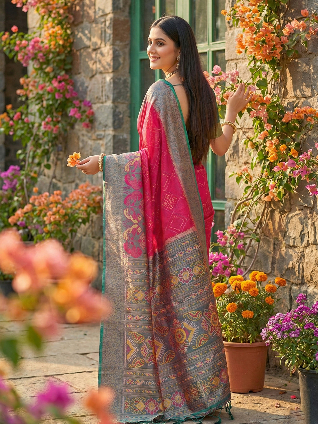 Rani pink woven saree with grey teal contrast border and rich pallu for women