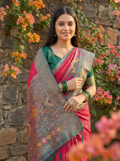 Rani pink woven saree with grey teal contrast border and rich pallu for women