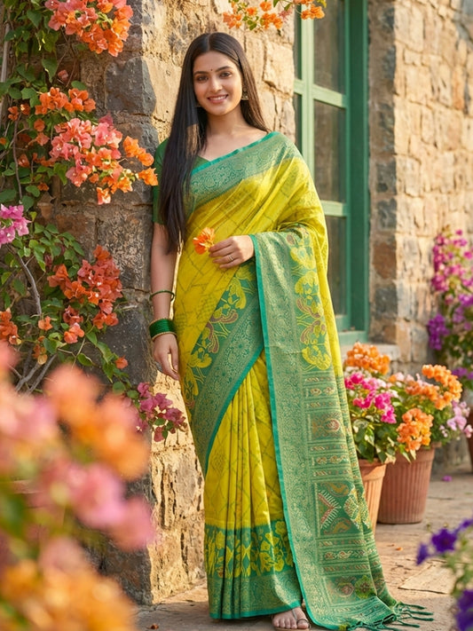Lime yellow woven saree with teal contrast border and rich pallu for festive wear