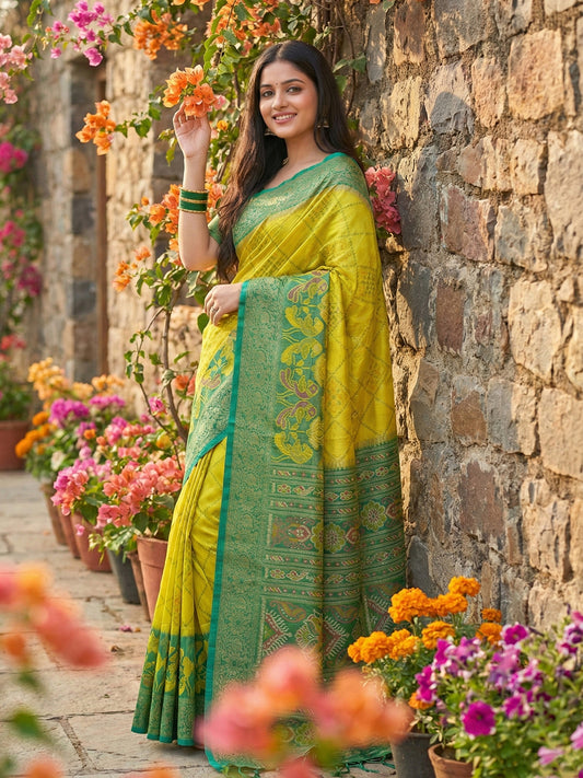 Lime yellow woven saree with teal contrast border and rich pallu for festive wear