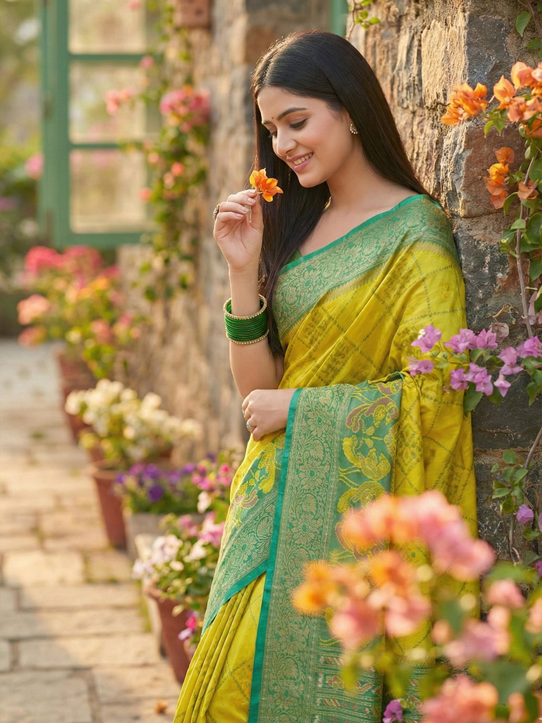 Lime yellow woven saree with teal contrast border and rich pallu for festive wear