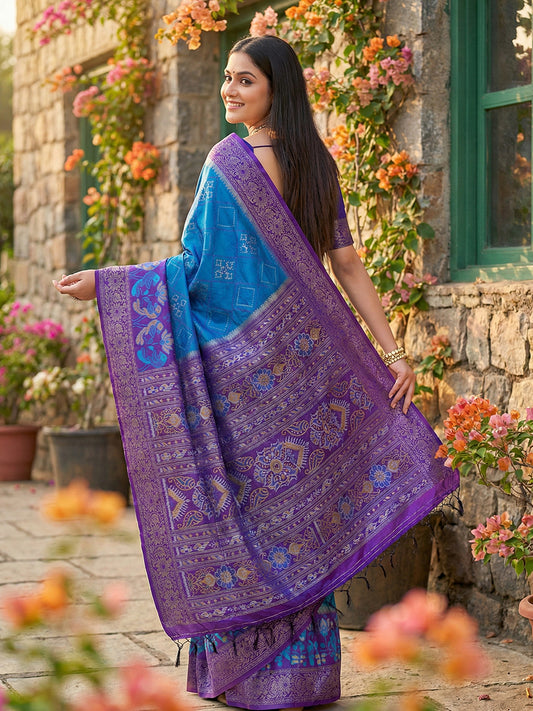 Royal blue woven saree with purple contrast border and rich pallu for women