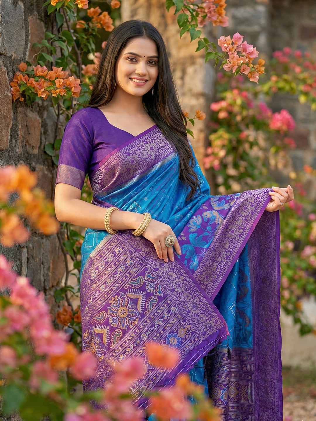 Royal blue woven saree with purple contrast border and rich pallu for women