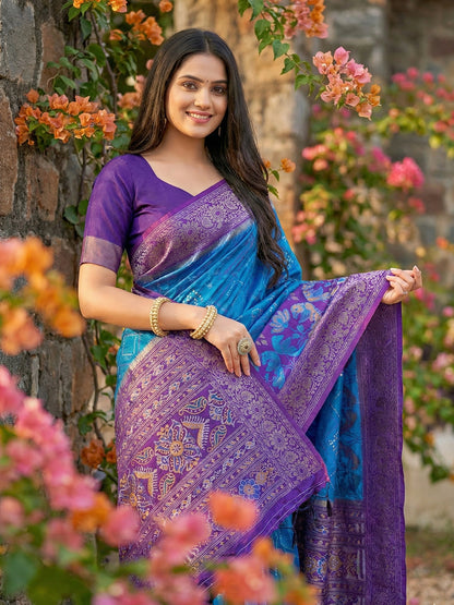 Royal blue woven saree with purple contrast border and rich pallu for women