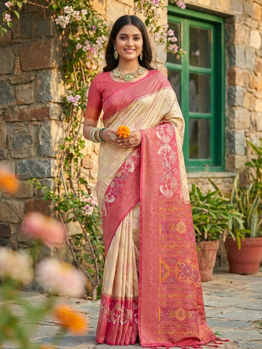 Cream ivory woven saree with pink contrast border and rich pallu for women