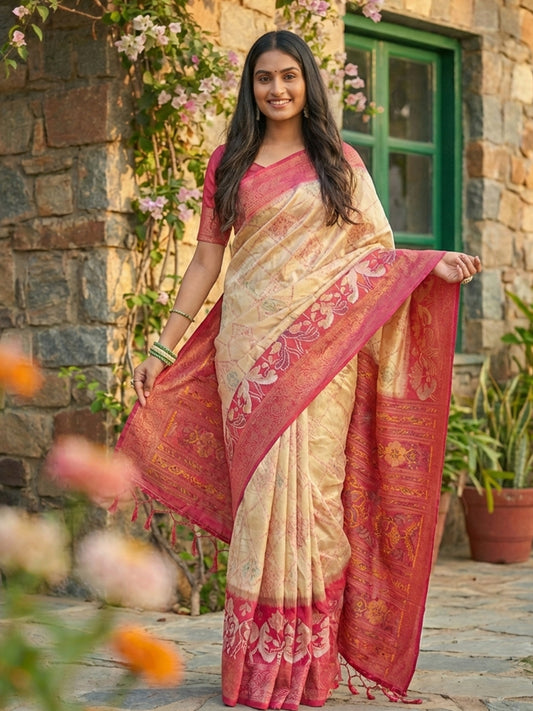Cream ivory woven saree with pink contrast border and rich pallu for women