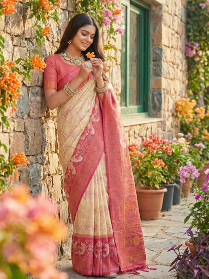 Cream ivory woven saree with pink contrast border and rich pallu for women