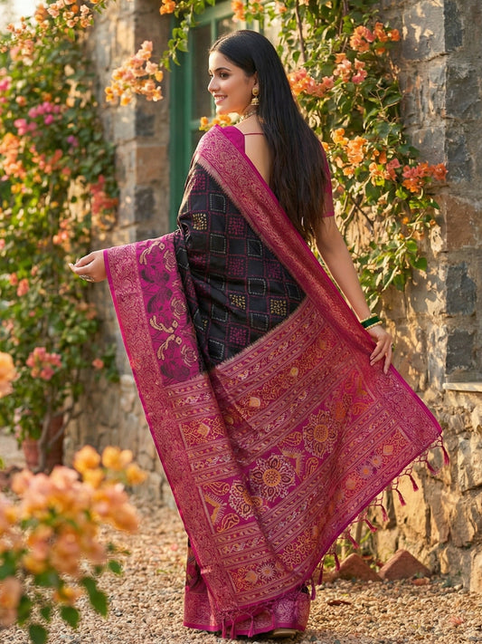 Black woven saree with magenta contrast border and rich pallu for women party wear