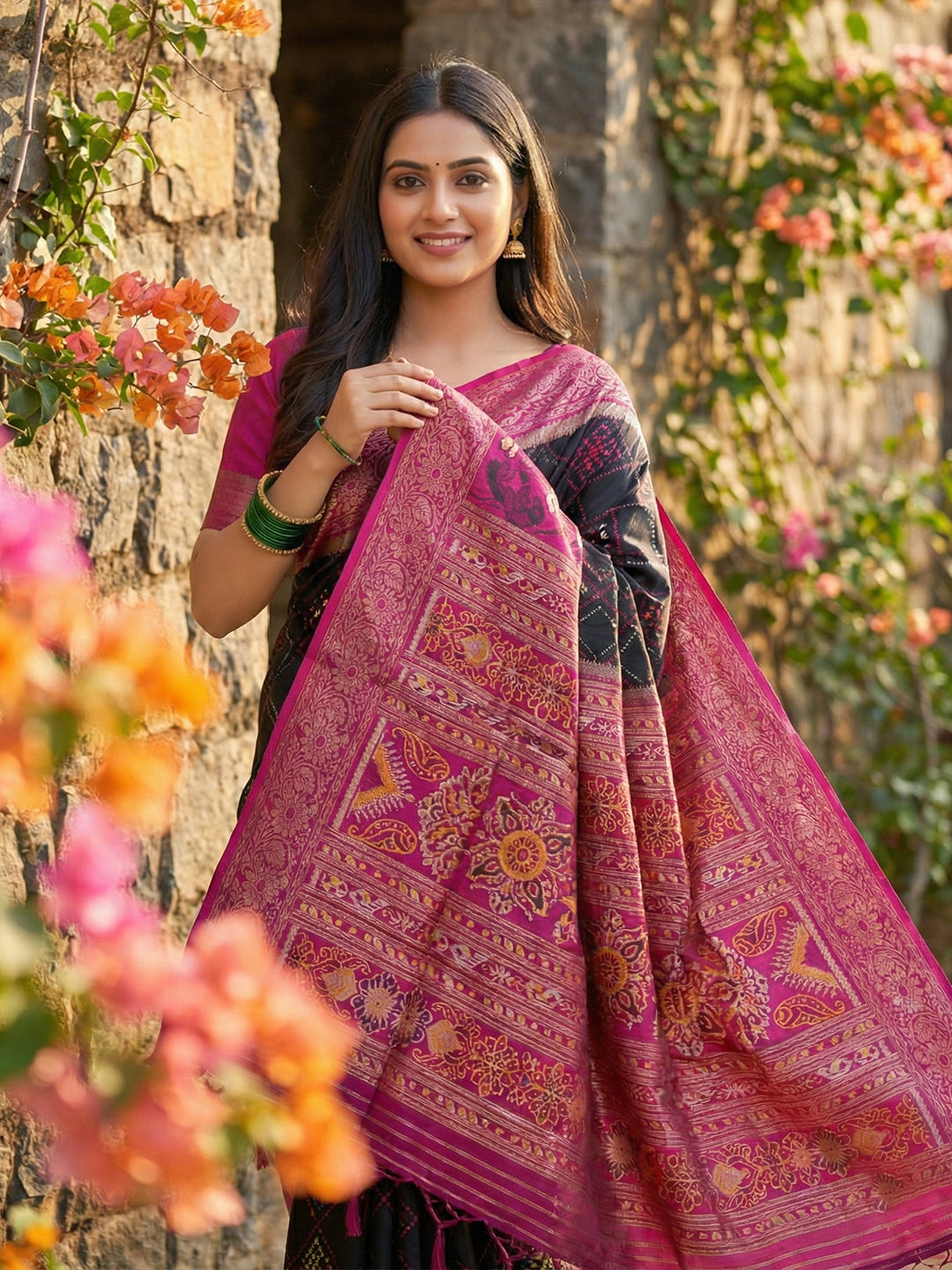 Black woven saree with magenta contrast border and rich pallu for women party wear