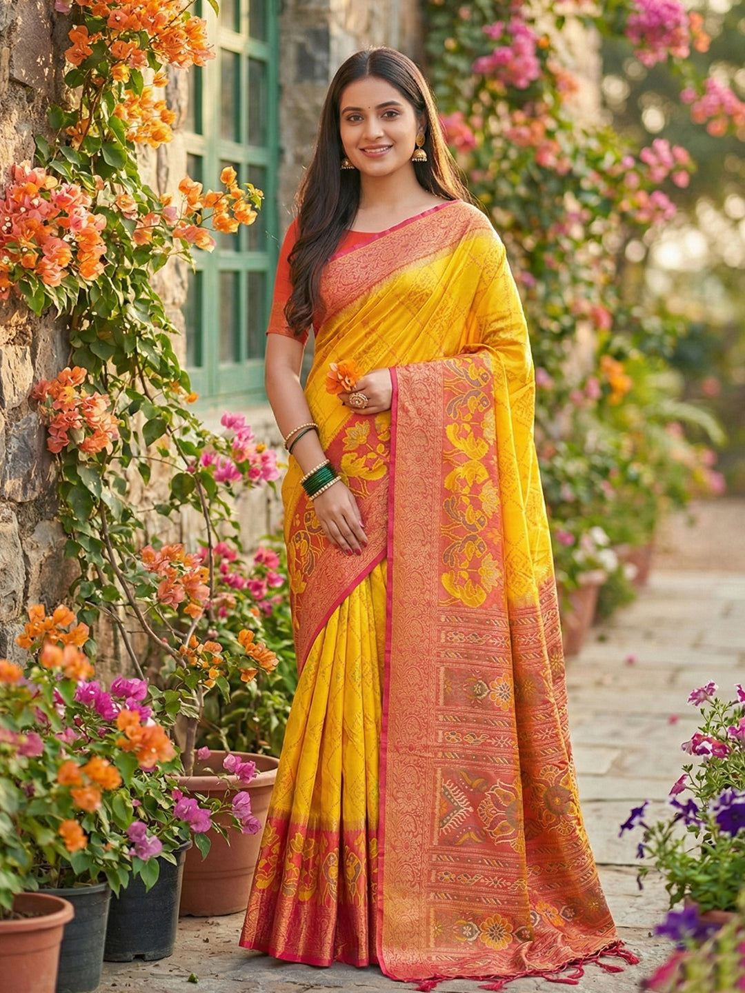 Mustard yellow woven saree with rust orange contrast border and rich pallu for festive wear