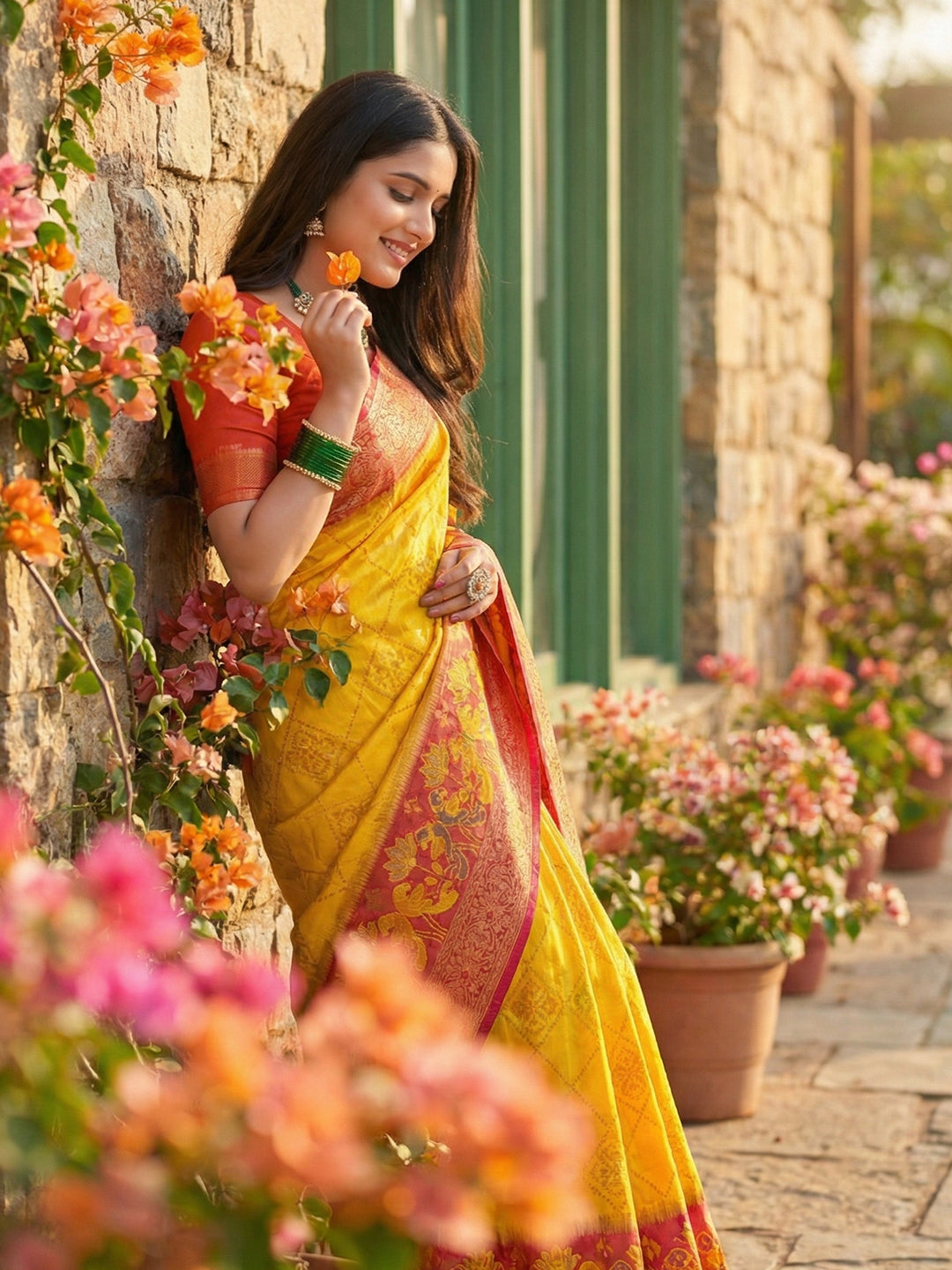 Mustard yellow woven saree with rust orange contrast border and rich pallu for festive wear