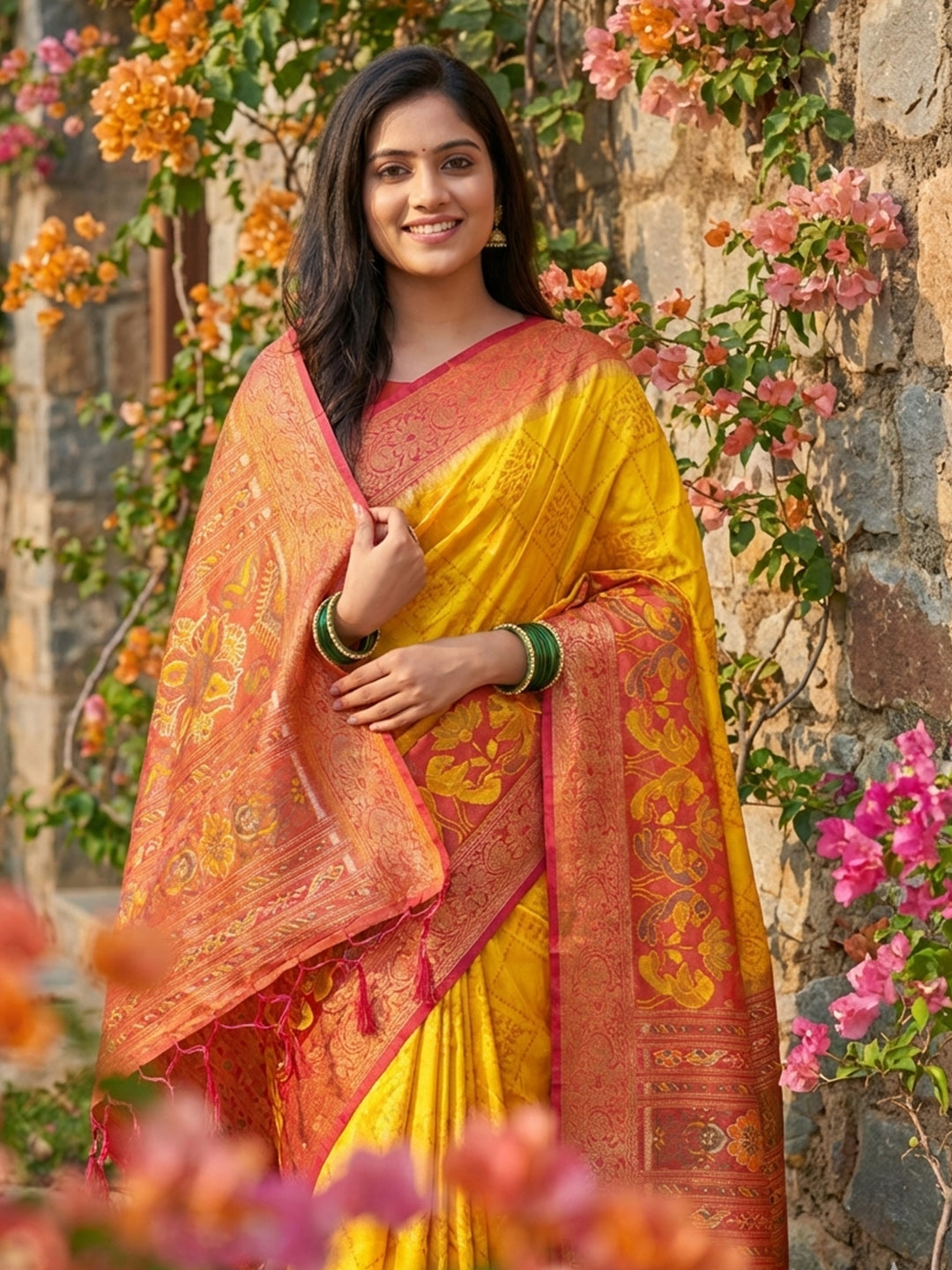 Mustard yellow woven saree with rust orange contrast border and rich pallu for festive wear