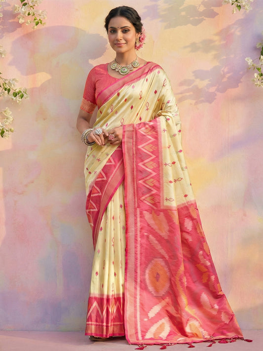 Ivory cream woven saree for women with pink contrast border and tassel pallu