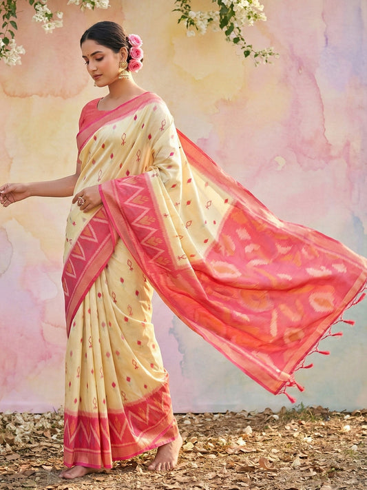 Ivory cream woven saree for women with pink contrast border and tassel pallu