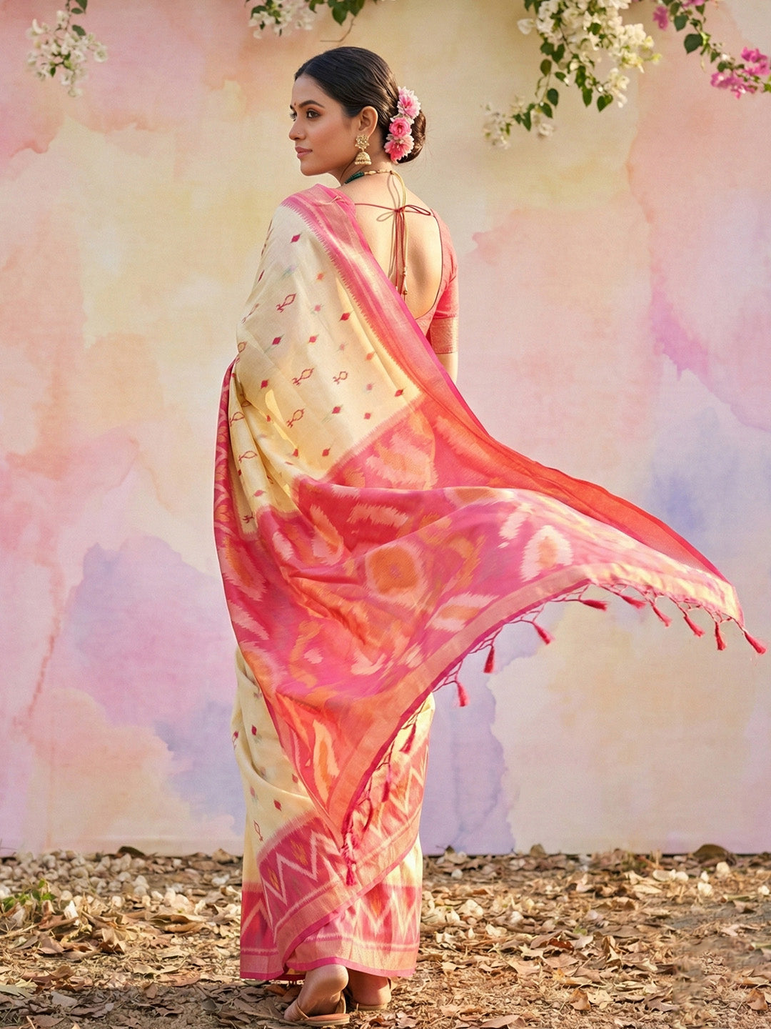 Ivory cream woven saree for women with pink contrast border and tassel pallu